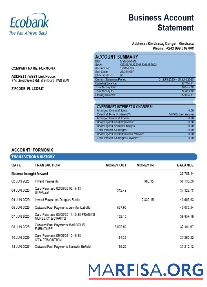Printable Congo Ecobank firm account statement Word and PDF template